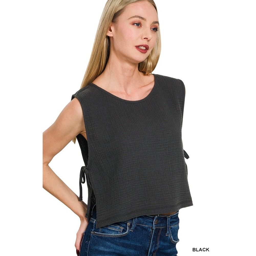 Zenana Double Gauze Side Tie Top Womens Small Black NWOT Sleeveless Boho Crop